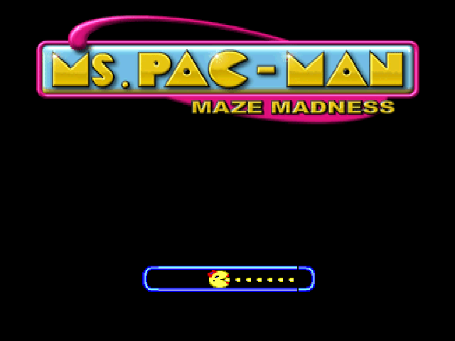 Ms. Pac-Man Maze Madness (PlayStation) screenshot: While the game loads, watch Ms. Pac-Man eat Pac-Dots in a limited area