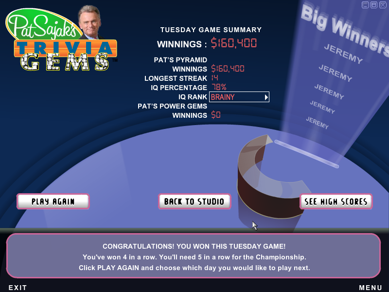 Pat Sajak's Trivia Gems (Windows) screenshot: After the bonus round, your final score will be displayed.