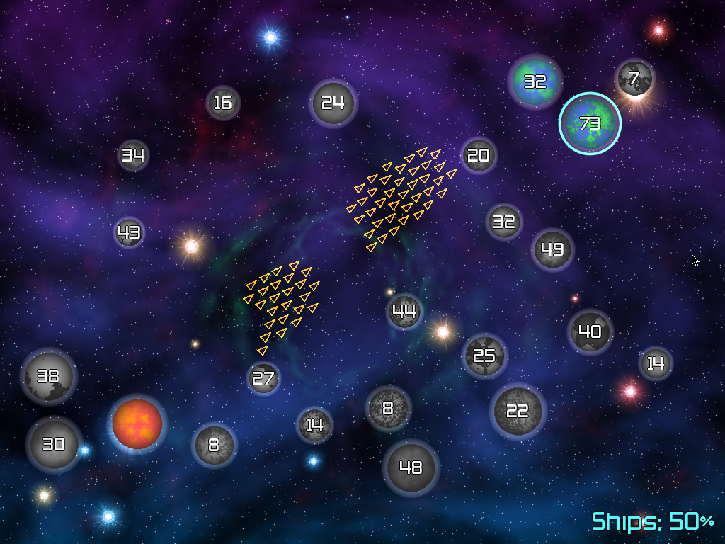 Galcon (Windows) screenshot: Fleets from the red planet attack the peaceful blue planet alliance
