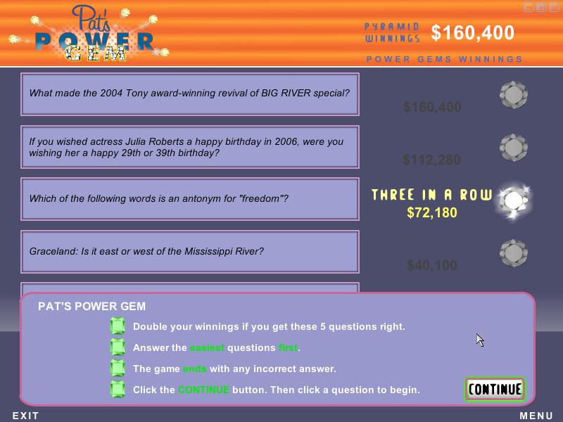 Pat Sajak's Trivia Gems (Windows) screenshot: If you win the game, you can play a bonus round with a chance to double your money.