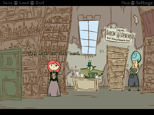 Nelly Cootalot: Spoonbeaks Ahoy! (Windows) screenshot: The store of Babylon, where the baron is giving a reading.