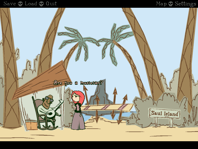 Nelly Cootalot: Spoonbeaks Ahoy! (Windows) screenshot: This man guards the entrance to Saul Island.