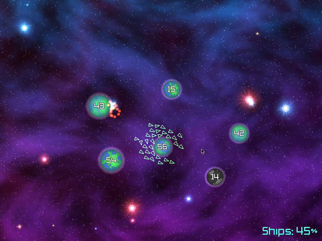 Galcon (Windows) screenshot: The goal is to colonize planets, whether unoccupied or belonging to the opponent