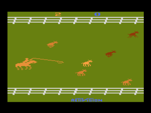 A Collection of Activision Classic Games for the Atari 2600 (PlayStation) screenshot: It's a stampede!! Your primary objective is to round up as many of the calves as you can (Stampede).