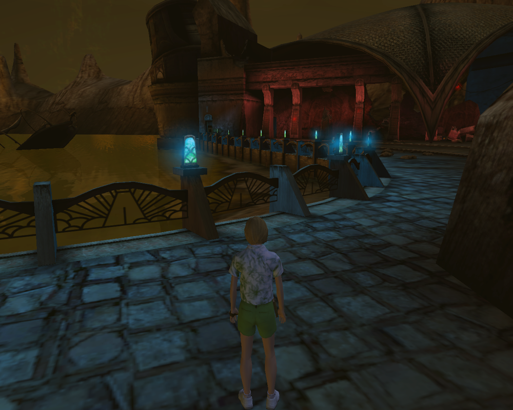 Myst Online: Uru Live (Windows) screenshot: Ferry Landing - all aglow at night