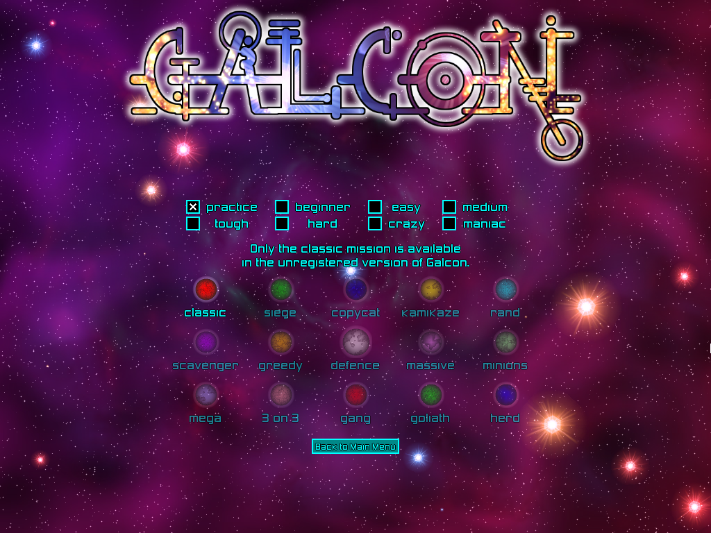 Galcon (Windows) screenshot: Missions Menu
