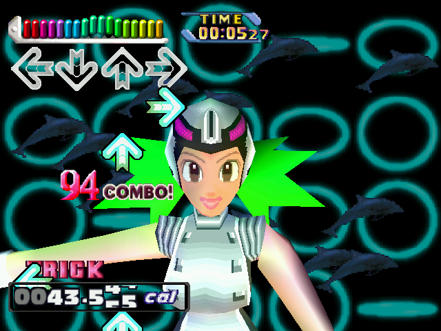 Dance Dance Revolution (Windows) screenshot: Here's lovely Charmy, who's lost 43 calories already!