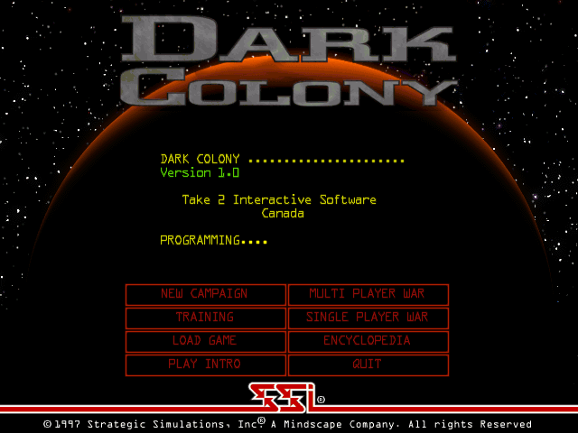 Dark Colony (Windows) screenshot: Main menu (US version)