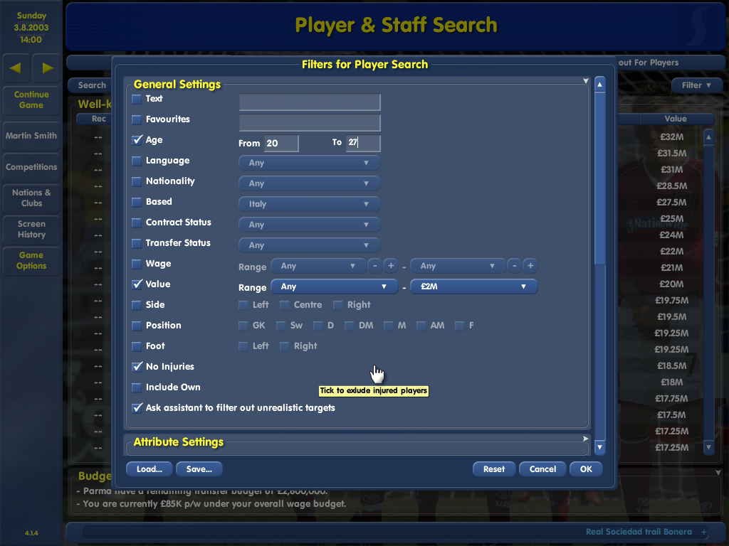 Championship Manager: Season 03/04 (Windows) screenshot: Setting up a search