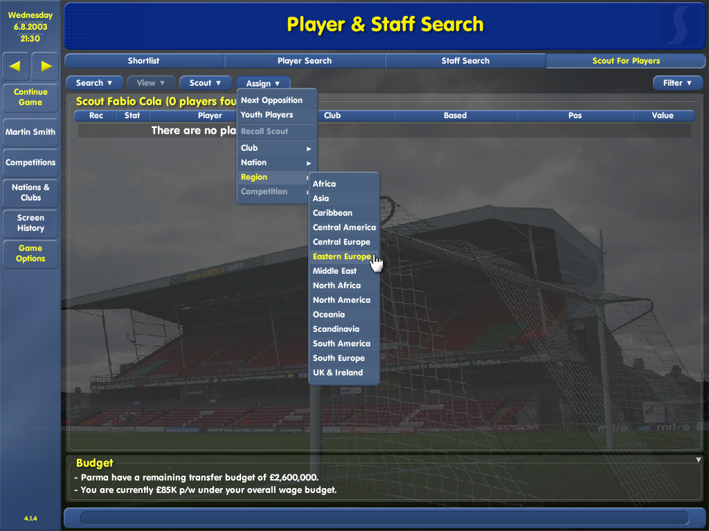 Championship Manager: Season 03/04 (Windows) screenshot: Setting up a search - Eastern Europe tends to bring good value players