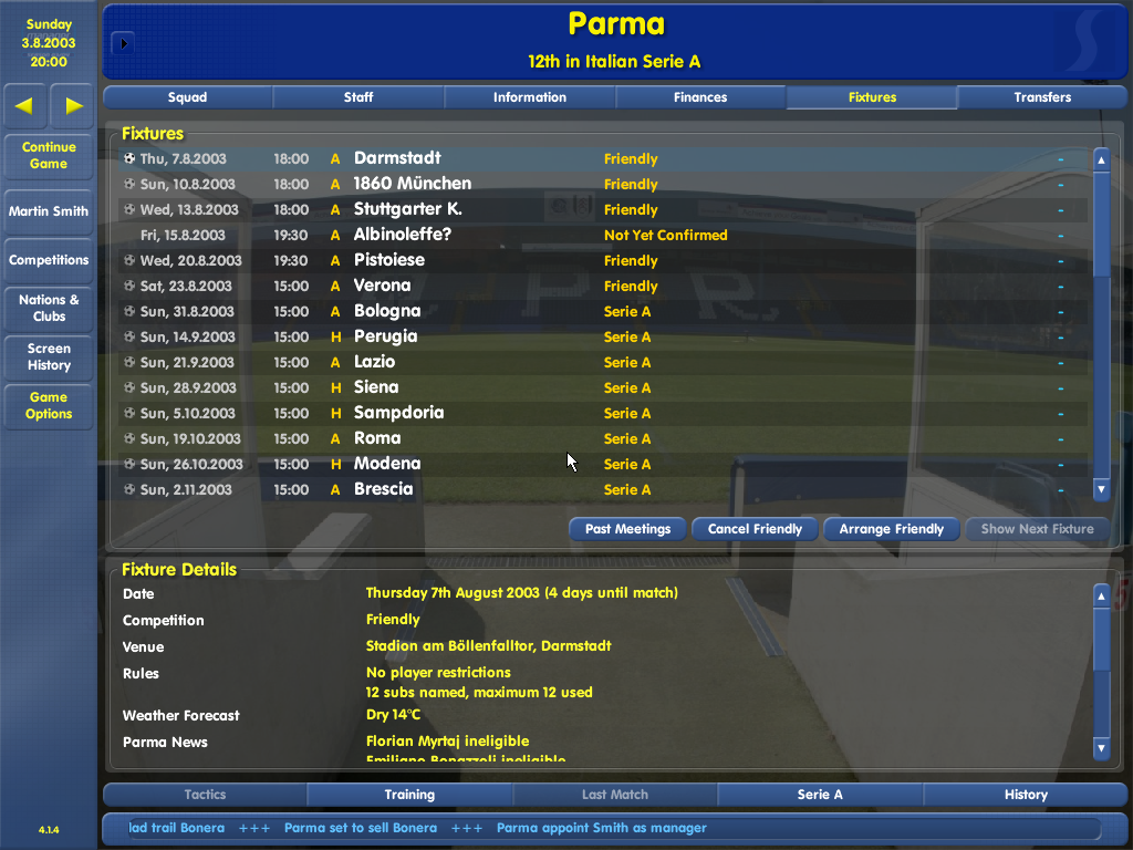 Championship Manager: Season 03/04 (Windows) screenshot: Season's fixtures