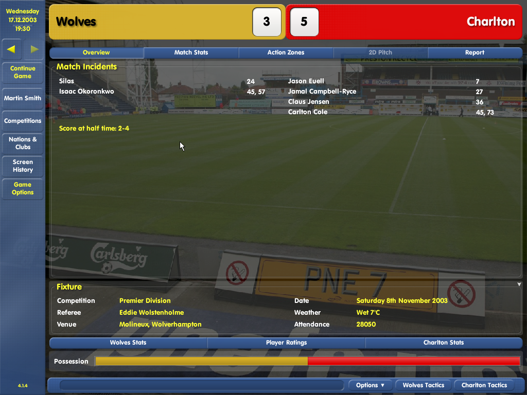 Championship Manager: Season 03/04 (Windows) screenshot: One of the more exciting matches