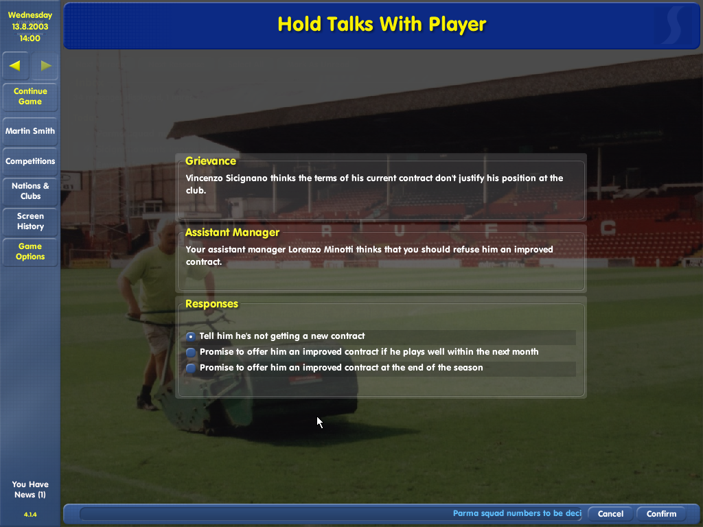 Championship Manager: Season 03/04 (Windows) screenshot: There was a grievance raised. It's been taken care of