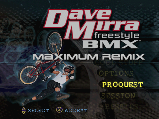 Dave Mirra Freestyle BMX: Maximum Remix (PlayStation) screenshot: Title screen / Main menu.