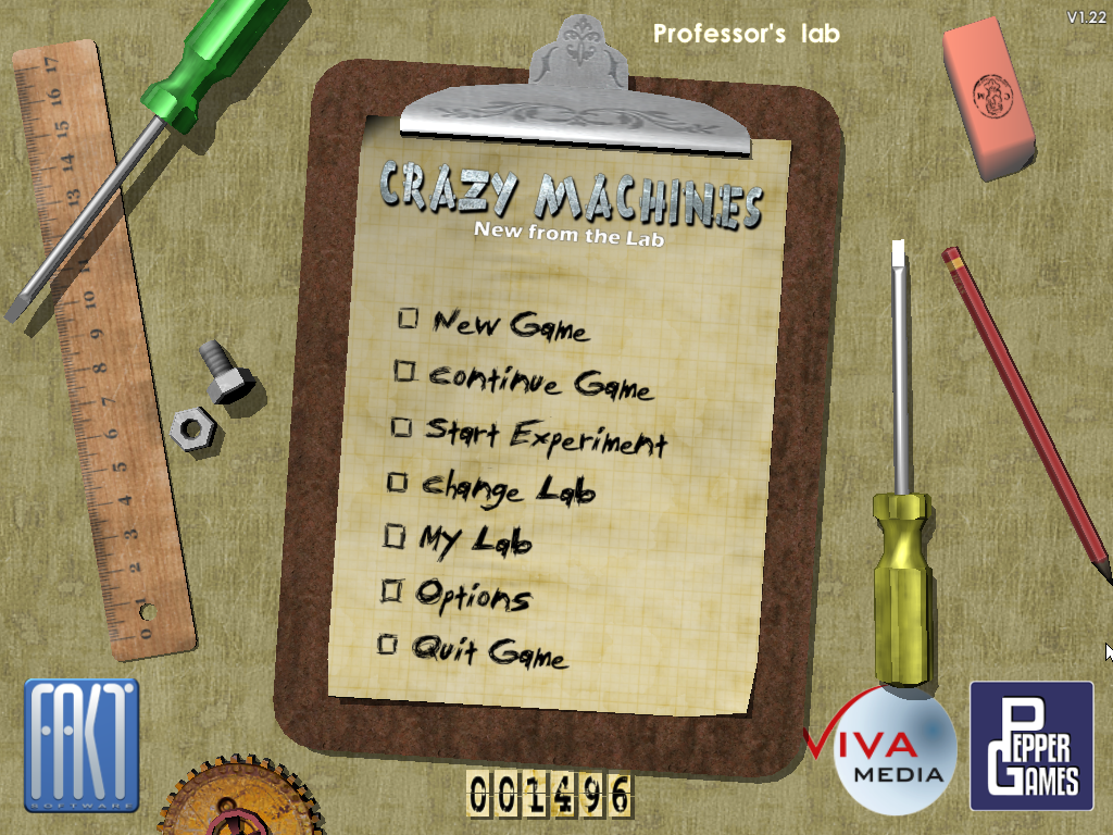 Crazy Machines 1.5: More Gizmos, Gadgets, & Whatchamacallits (Windows) screenshot: New from the Lab - Main menu