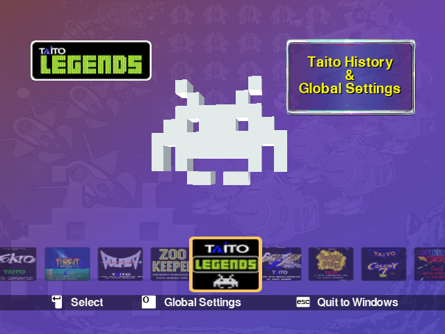 Taito Legends (Windows) screenshot: Main Menu.