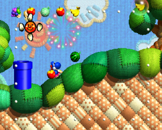 Yoshi's Story (Nintendo 64) screenshot: Blastin' some bubbles to get some fruit.