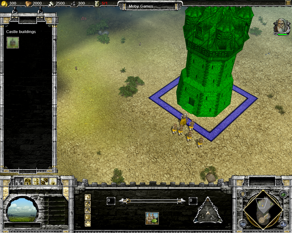 Castle Strike (Windows) screenshot: In order to build a castle you must first build a "Keep." The towns and castles must be built on separate lands.