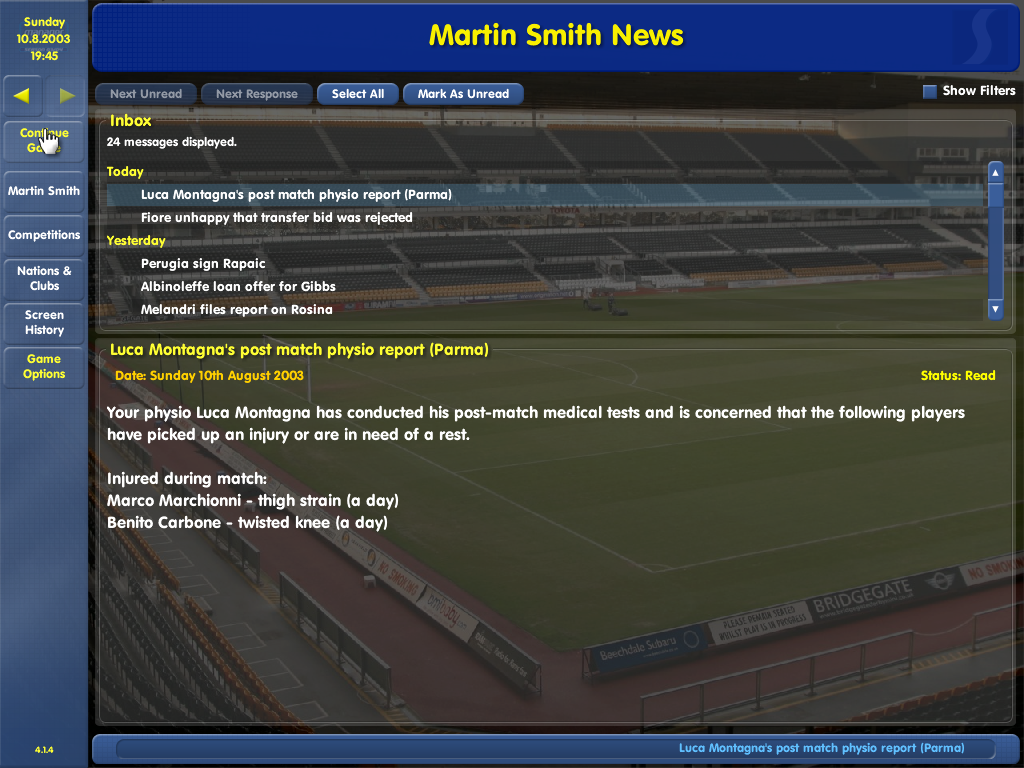 Championship Manager: Season 03/04 (Windows) screenshot: Injuries