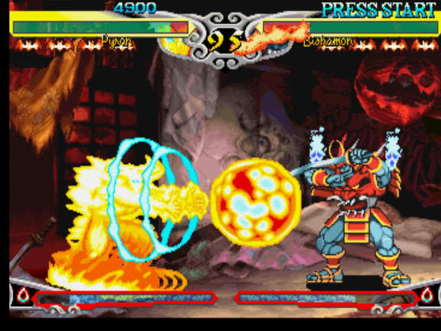 Darkstalkers 3 (PlayStation) screenshot: Pyron strikes back Bishamon with his move Soul Smasher, but the samurai ghost doesn't reacts anyway!