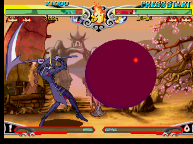 Darkstalkers 3 (PlayStation) screenshot: Lei-Lei (Hsien-Ko) attempts to hit-attack Jedah, but his trapping move Nero = Fatica was superior...