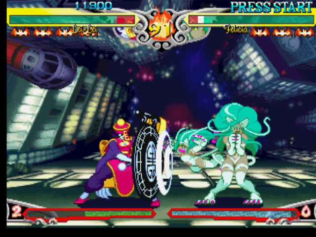 Darkstalkers 3 (PlayStation) screenshot: Aiming to stop Felicia's "cat"-helper offensive, Lei-Lei (Hsien-Ko) performs her move Reflect Gong.