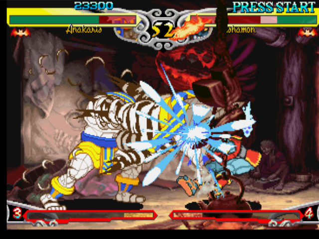 Darkstalkers 3 (PlayStation) screenshot: Bishamon tries to hit-damage Anakaris, but he's suddenly hit-injured by Anakaris' attack Cobra Blow.