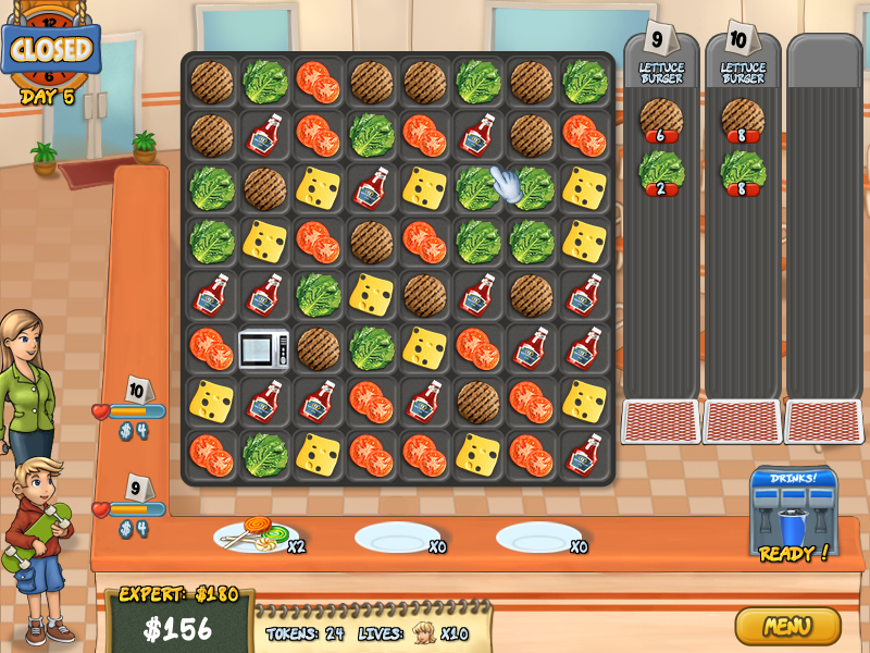 Burger Rush (Windows) screenshot: Passed the level, but up against it for the Expert score.