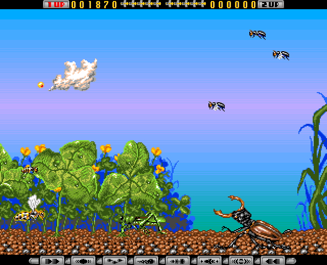 Apidya (Amiga) screenshot: Scene 1 - Cricket and giant beetle