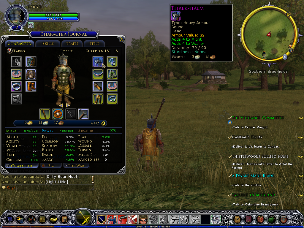 The Lord of the Rings Online: Shadows of Angmar (Windows) screenshot: The Journal shows your character's stats and equipment. Highlighting an item will show more information about it.