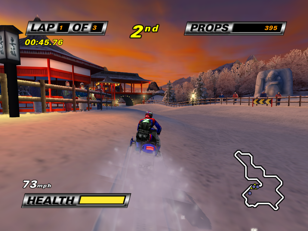Whiteout (Windows) screenshot: Visible powder conditions and ice conditions affect the handling and speed of your sled.