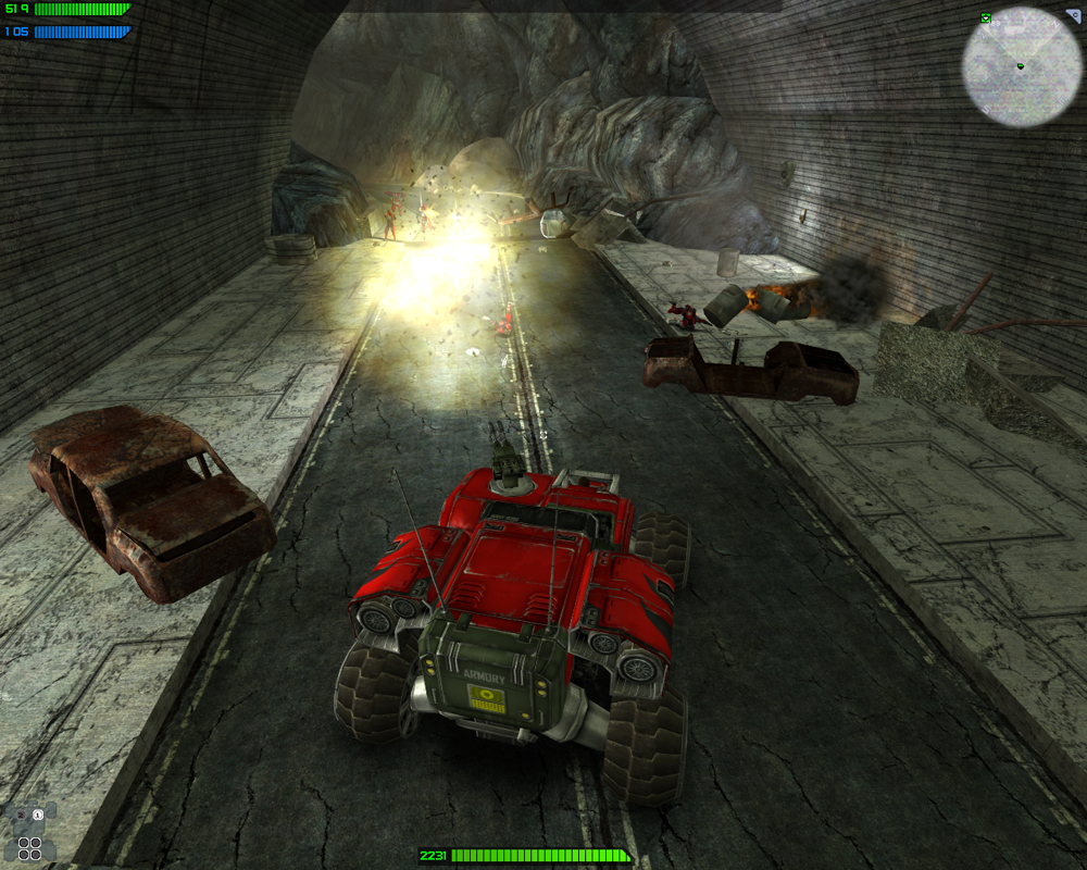 Tribes: Vengeance (Windows) screenshot: There are a couple of tank-like vehicles you can use as well. They either let you drive and have a gunner or vice versa...or both.