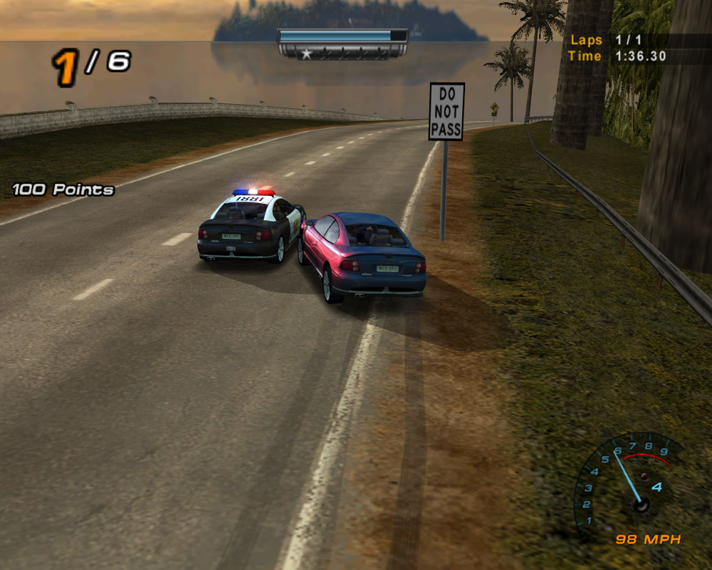 Need for Speed: Hot Pursuit 2 (Windows) screenshot: The cops use their usual arsenal of tactics to stop you from running away. Of course, you can fight back.