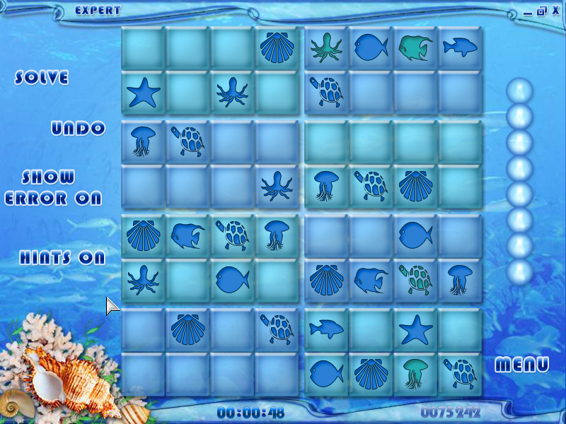 Buku Sudoku (Windows) screenshot: Underwater Paradise skin using themed characters on an 8x8 grid board