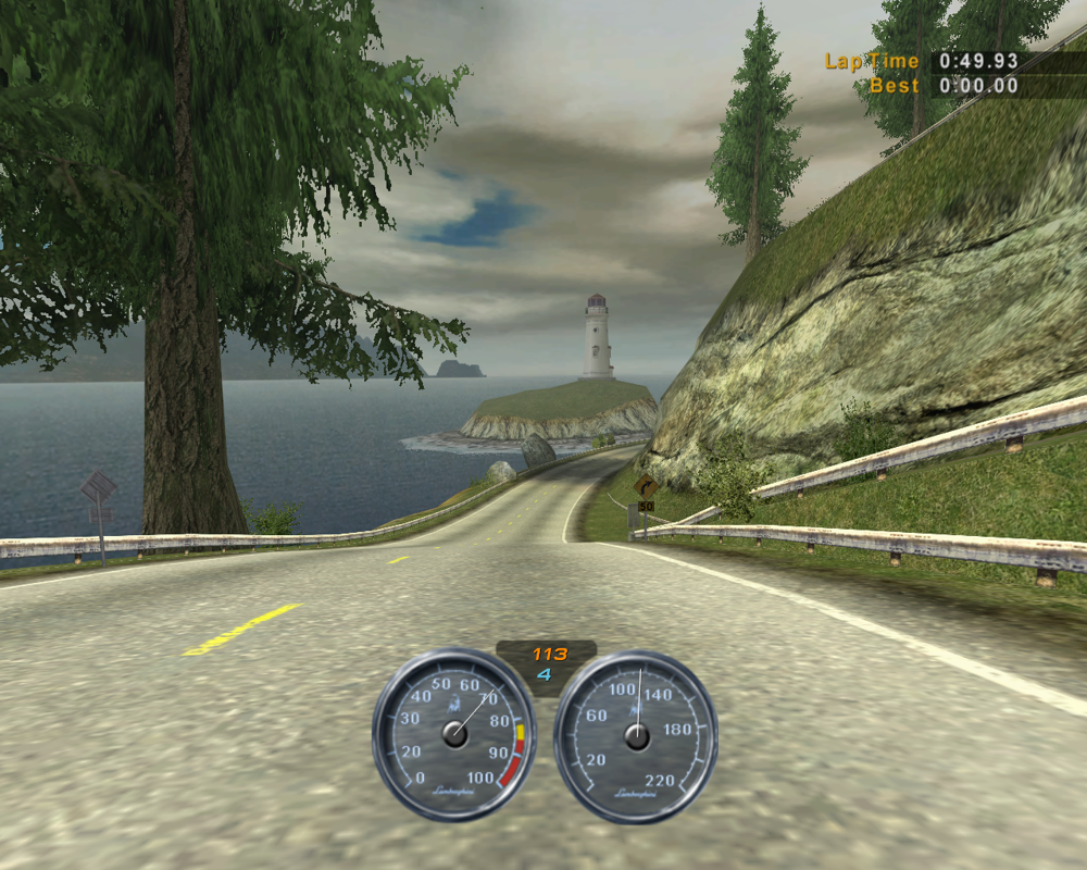 Need for Speed: Hot Pursuit 2 (Windows) screenshot: In car view. Sadly there's no dashboard.