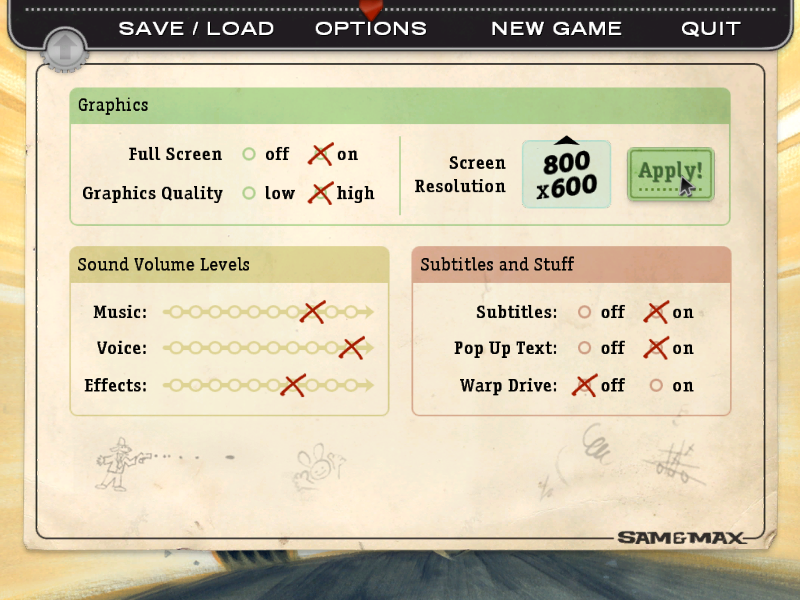Sam & Max: Episode 1 - Culture Shock (Windows) screenshot: Options Screen