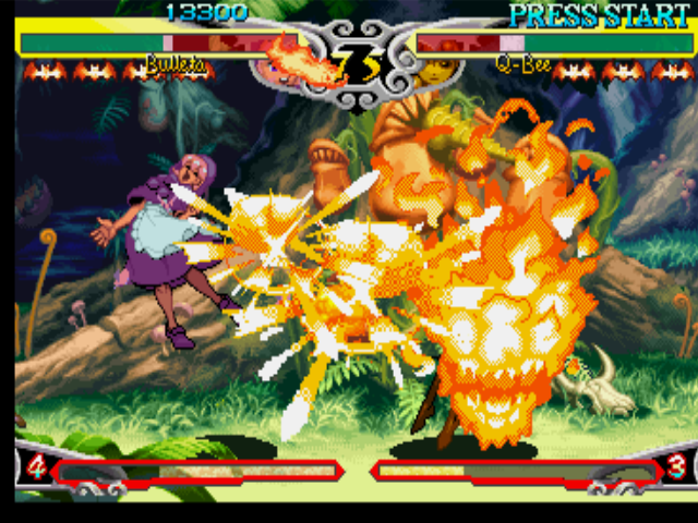 Darkstalkers 3 (PlayStation) screenshot: The massive impact of a simultaneous offensive went too much for both Bulleta (B.B. Hood) and Q-Bee!