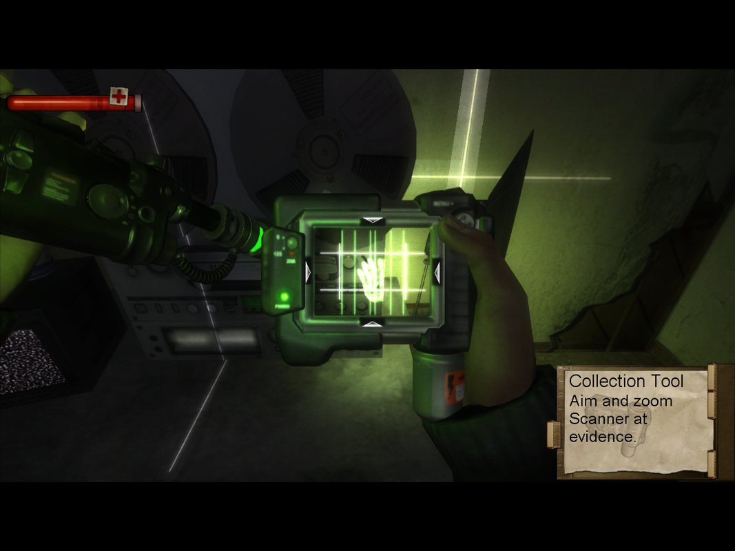 Condemned: Criminal Origins (Windows) screenshot: A large portion of the game is collecting evidence and sending it to the lab. Here's a laser to highlight and a camera to collect.