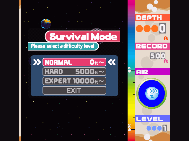 Mr. Driller (Windows) screenshot: Survival Mode options are viewable at the beginning of the Survival Mode game.