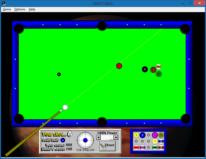 Multimedia Pool (Windows 3.x) screenshot: Playing pool with Jupiter gravity.