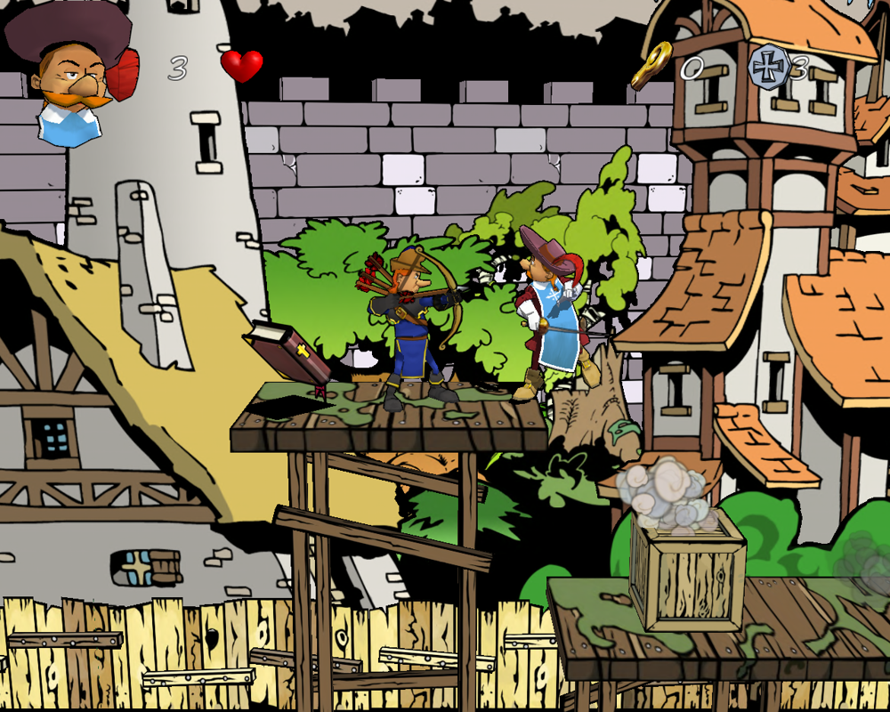 Legendo's The Three Musketeers (Windows) screenshot: Jumping up to fight an archer.