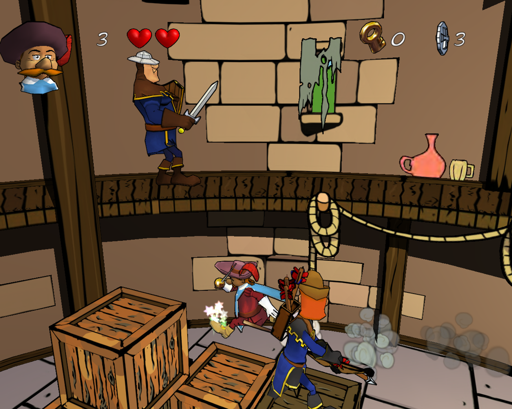 Legendo's The Three Musketeers (Windows) screenshot: Being attacked by an archer in the lower level of the clock tower.