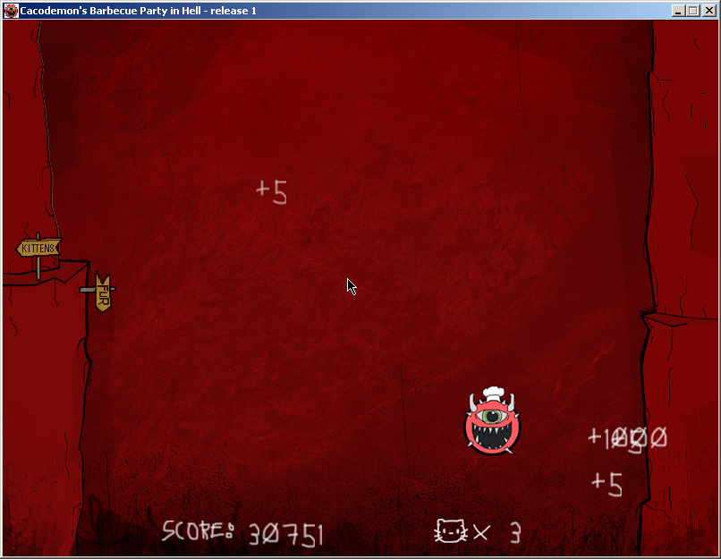 Cacodemon's Barbecue Party in Hell (Windows) screenshot: Racking up points for extravagant bounces and spins.