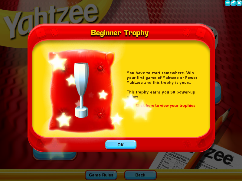 Yahtzee (Windows) screenshot: The first trophy earnt for it.