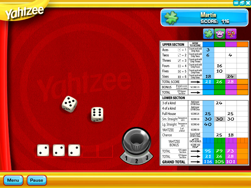 Yahtzee (Windows) screenshot: The game taking shape - no brilliant choice here.