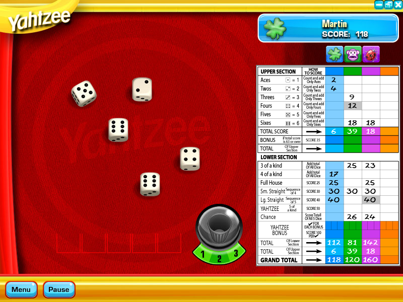 Yahtzee (Windows) screenshot: Go for a Large Straight, or keep the sixes?