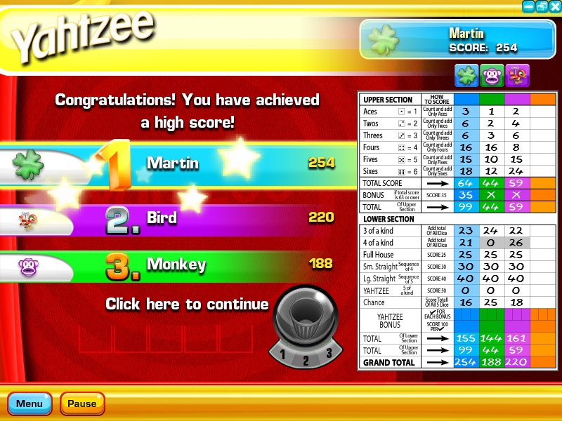 Yahtzee (Windows) screenshot: I win.