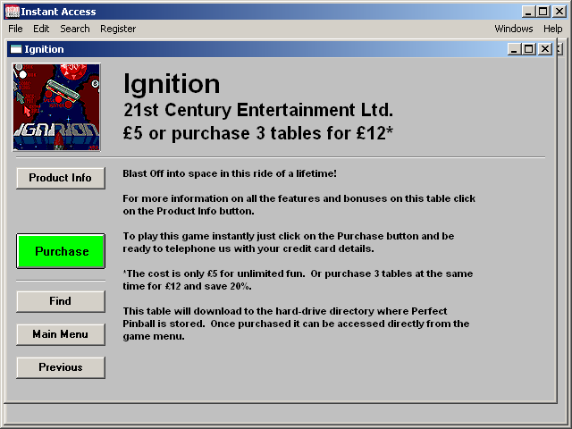 Perfect Pinball (DOS) screenshot: Instant Access browser: table selection and pricing