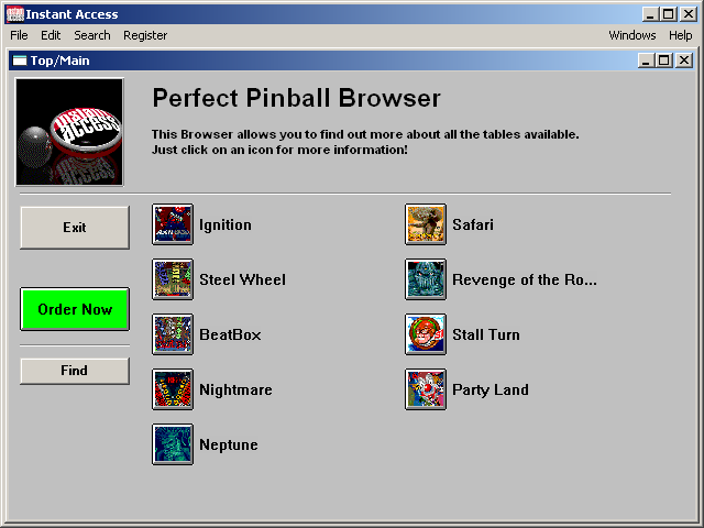 Perfect Pinball (DOS) screenshot: Instant Access browser: main menu. The browser allows you to buy additional tables.