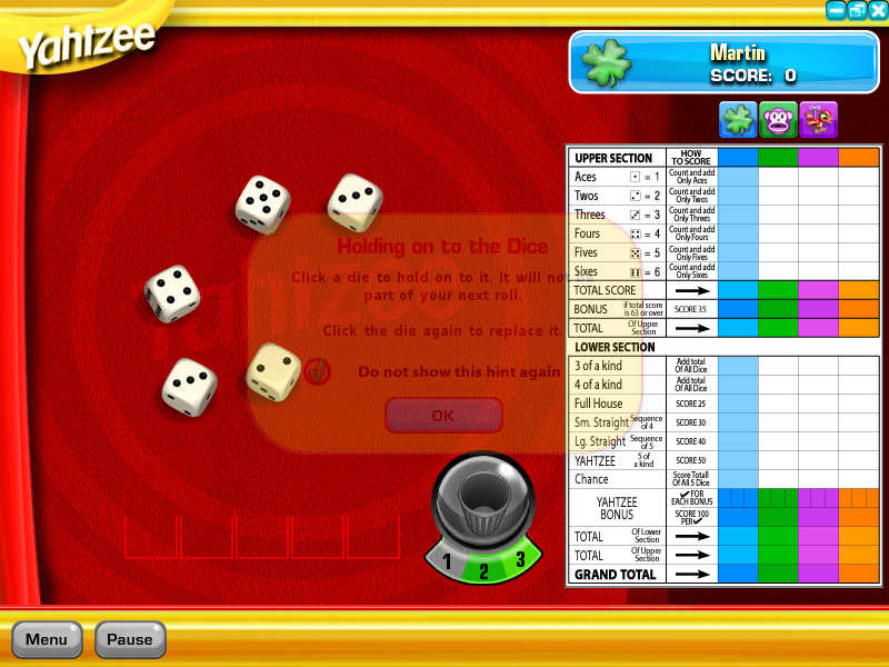 Yahtzee (Windows) screenshot: A low straight with my very first roll
